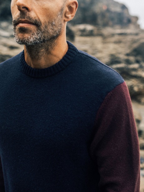 Navy/Dark Burgundy Columba Colourblock Knit Jumper Finisterre Stylish