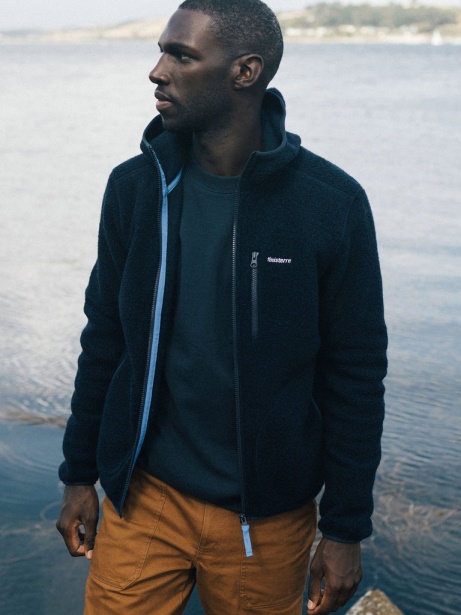 Finisterre Stylish Navy Hegen Full Zip Wool Hoodie