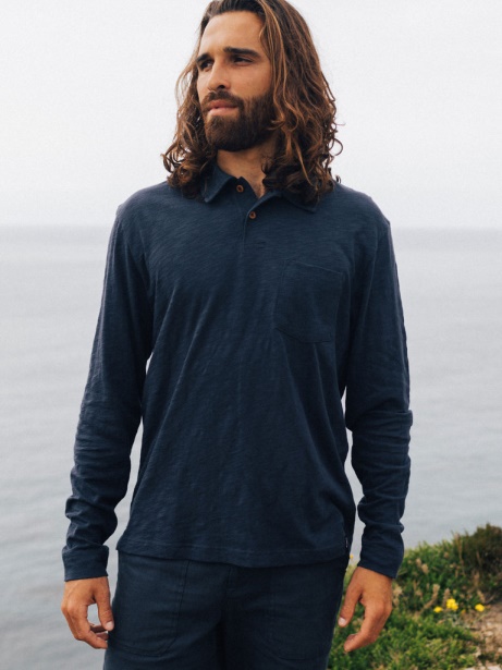 Navy Channel Long Sleeve Polo Shirt Finisterre Stylish