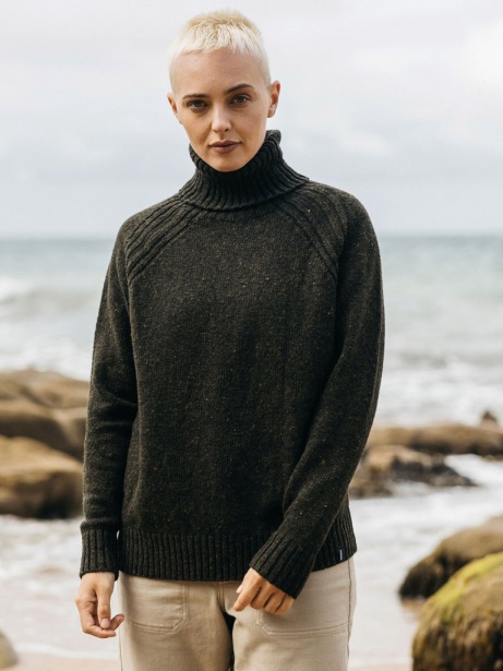 Farne Roll Neck Knit Jumper Finisterre Stylish Dark Olive