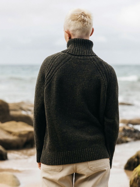 Farne Roll Neck Knit Jumper Finisterre Stylish Dark Olive