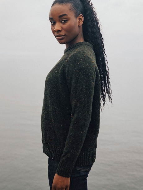 Finisterre Stylish Dark Olive Farne Crew Neck Knit Jumper