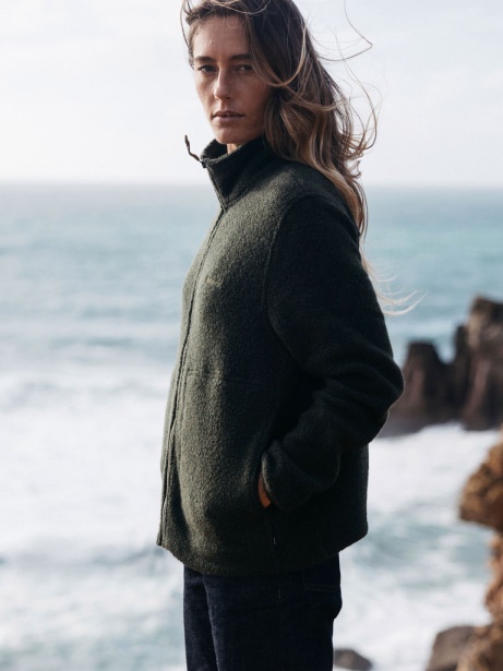 Budock Wool Zip Through Fleece Dark Olive Finisterre Stylish